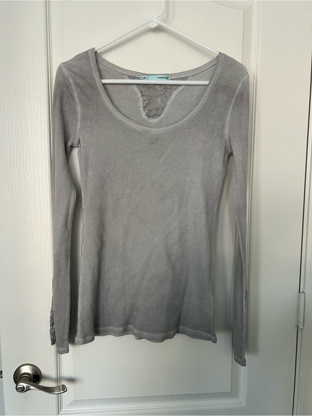 Maurices Light Gray Ribbed Long Sleeve Scoop Neck Top with Lace Accent